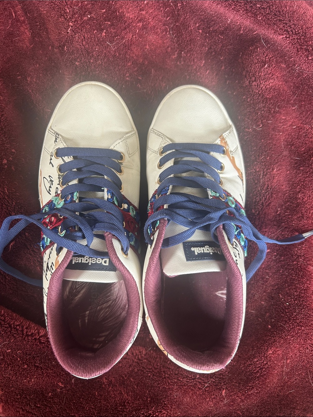 Desigual White Sneakers with Blue Laces and Purple Collar